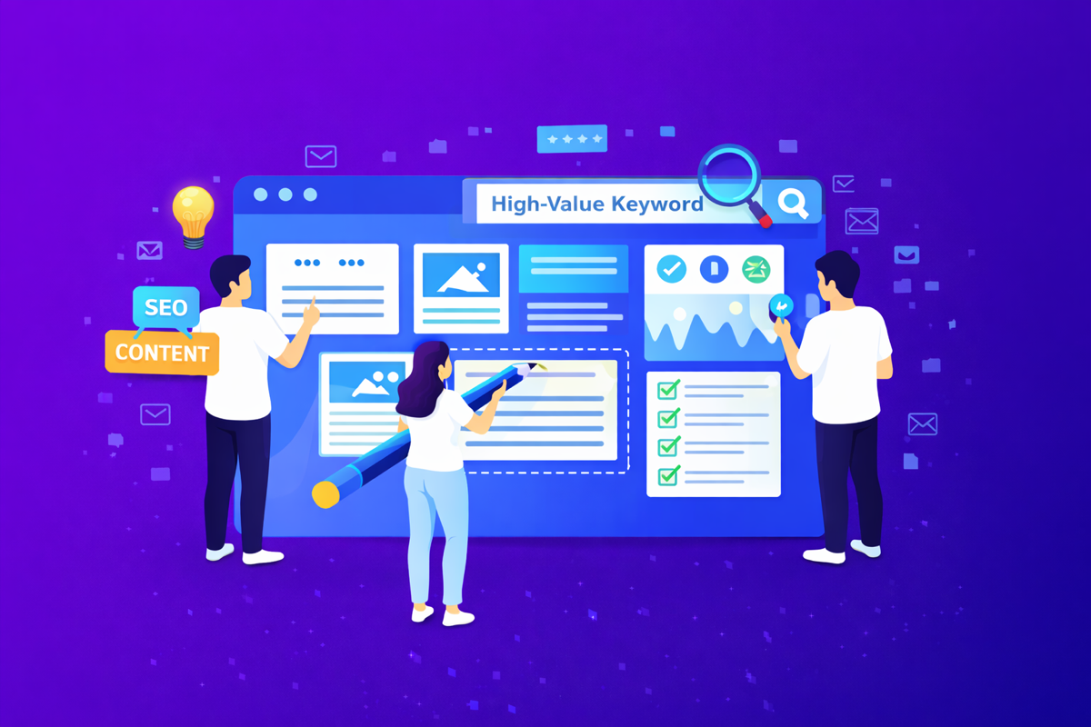 Team updating website content and optimizing high-value keywords on a digital dashboard.