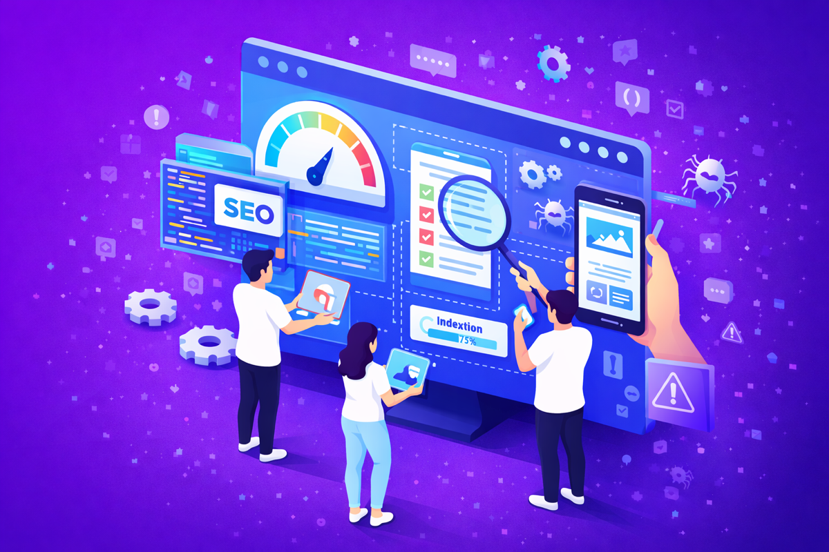 Team performing a technical SEO audit on large computer. interface